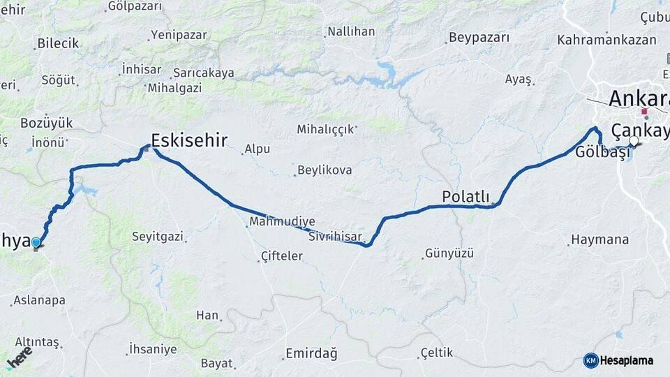 Kütahya Gölbaşı Ankara Arası Kaç Km - Yol Haritası