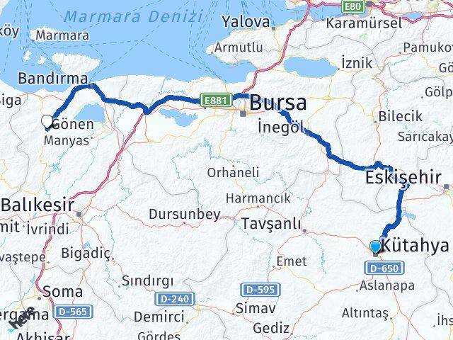 Kütahya Gönen Balıkesir Arası Kaç Km - Yol Haritası