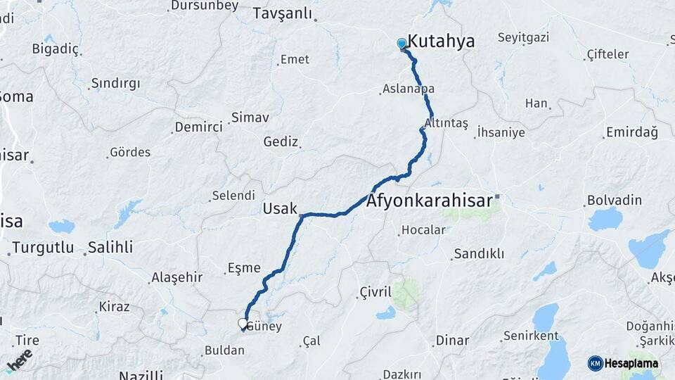 Kütahya Güney Denizli Arası Kaç Km - Yol Haritası