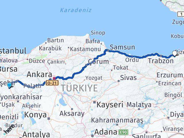 Kütahya Güneysu Rize Arası Kaç Km - Yol Haritası