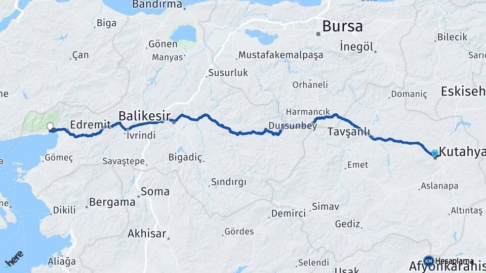 Kütahya Güre Edremit Balıkesir Arası Kaç Km - Yol Haritası