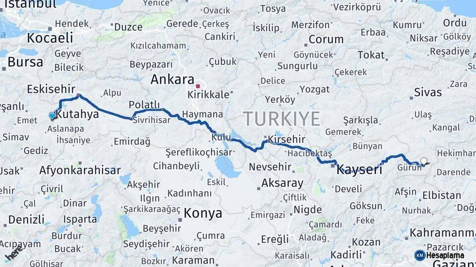 Kütahya Gürün Sivas Arası Kaç Km - Yol Haritası