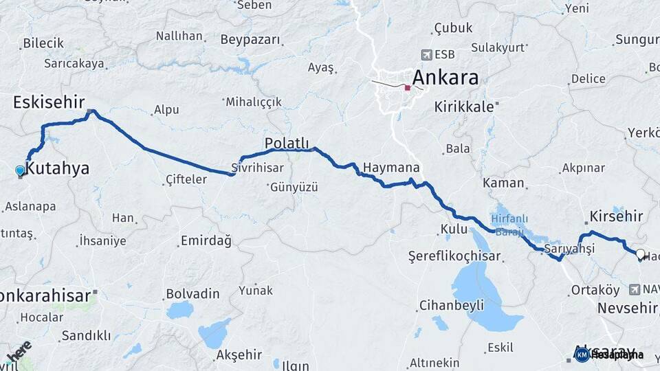 Kütahya Hacıbektaş Nevşehir Arası Kaç Km - Yol Haritası