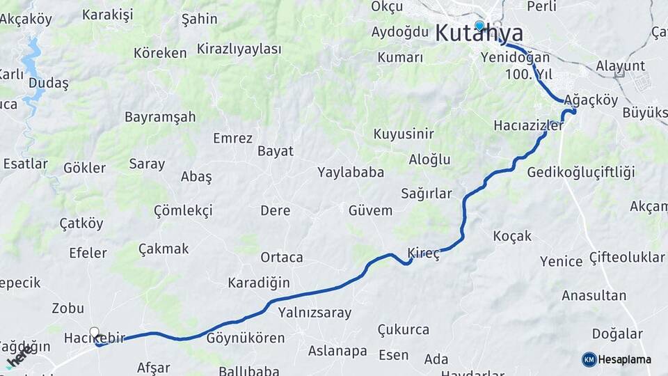 Kütahya Hacıkebir Çavdarhisar Arası Kaç Km - Yol Haritası