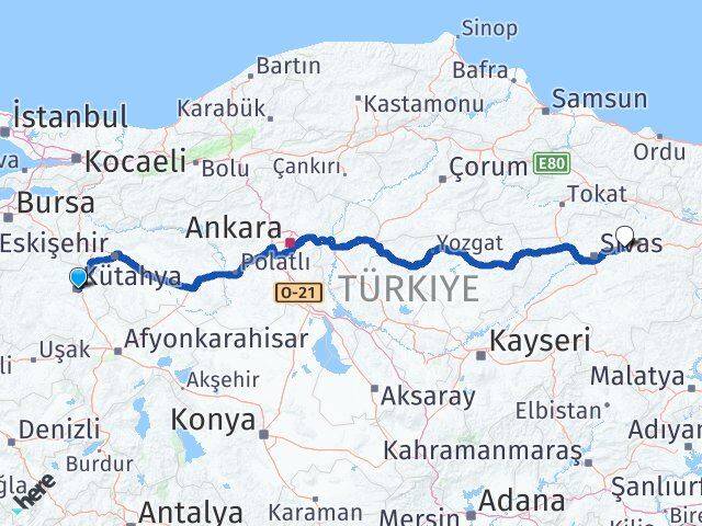 Kütahya Hafik Sivas Arası Kaç Km - Yol Haritası