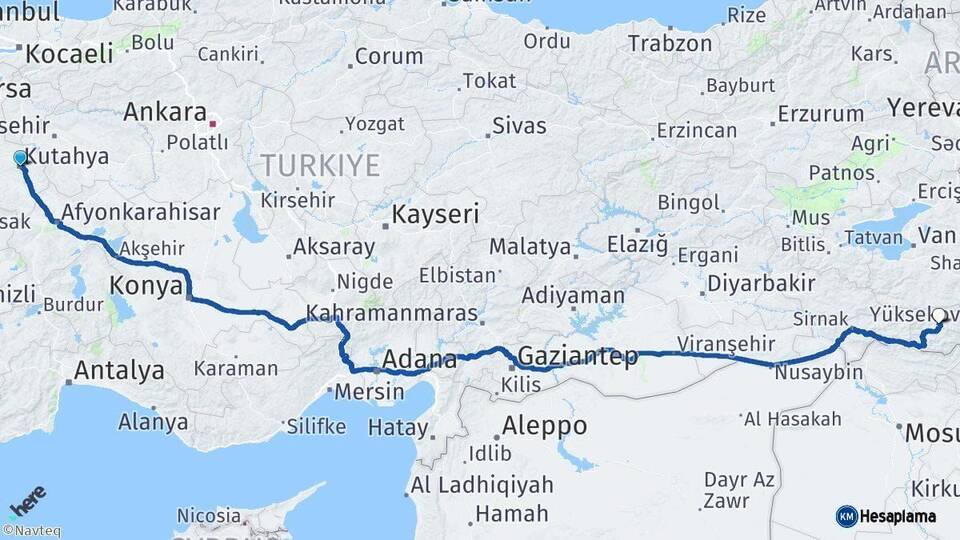 Kütahya Hakkari Arası Kaç Km - Yol Haritası