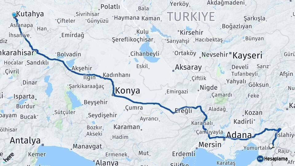 Kütahya Hassa Hatay Arası Kaç Km - Yol Haritası