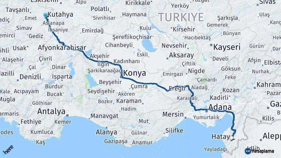 Kütahya Hatay Arası Kaç Km - Yol Haritası