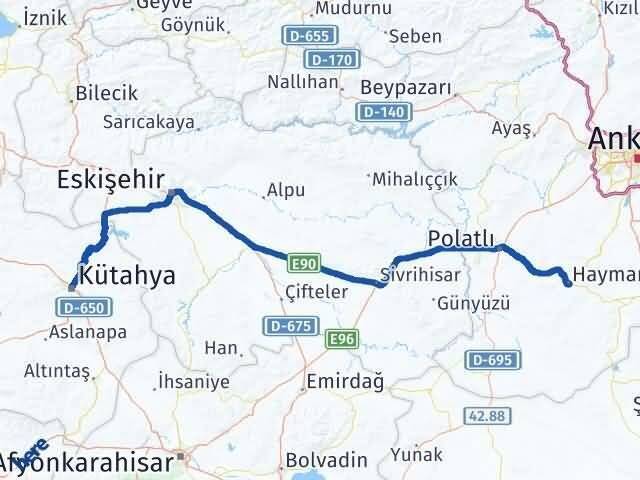 Kütahya Haymana Ankara Arası Kaç Km - Yol Haritası