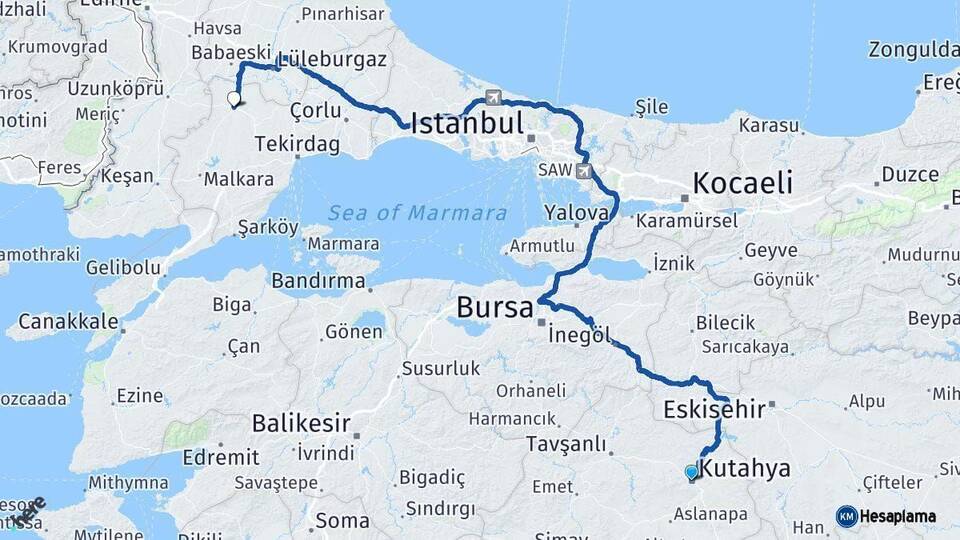 Kütahya Hayrabolu Tekirdağ Arası Kaç Km - Yol Haritası