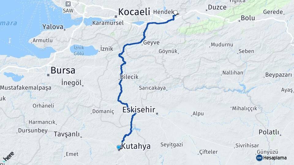 Kütahya Hendek Sakarya Arası Kaç Km - Yol Haritası
