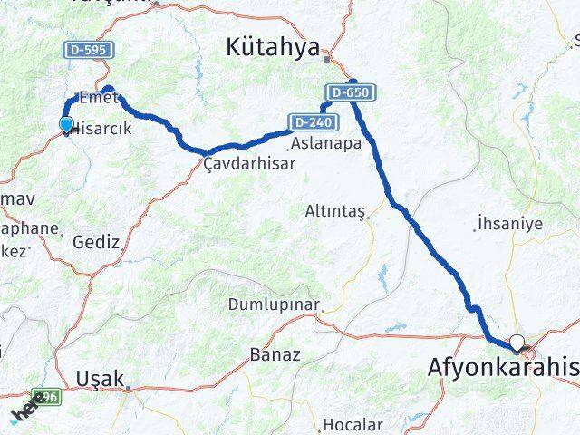 Kütahya Hisarcık Afyonkarahisar Arası Kaç Km - Yol Haritası