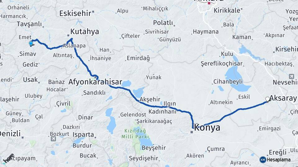 Kütahya Hisarcık Aksaray Arası Kaç Km - Yol Haritası
