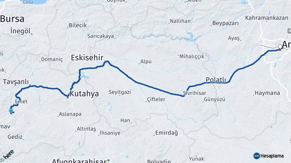 Kütahya Hisarcık Ankara Arası Kaç Km - Yol Haritası