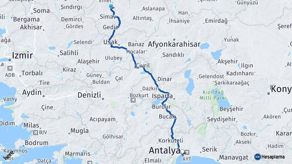 Kütahya Hisarcık Antalya Arası Kaç Km - Yol Haritası
