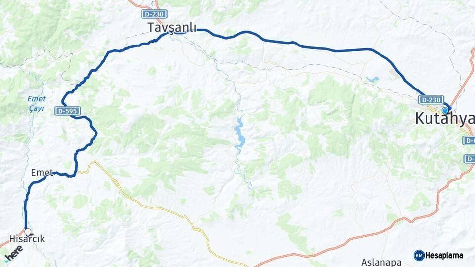 Kütahya Hisarcık Arası Kaç Km - Yol Haritası
