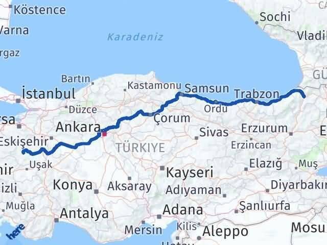 Kütahya Hisarcık Artvin Arası Kaç Km - Yol Haritası