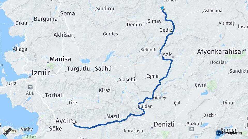 Kütahya Hisarcık Aydın Arası Kaç Km - Yol Haritası