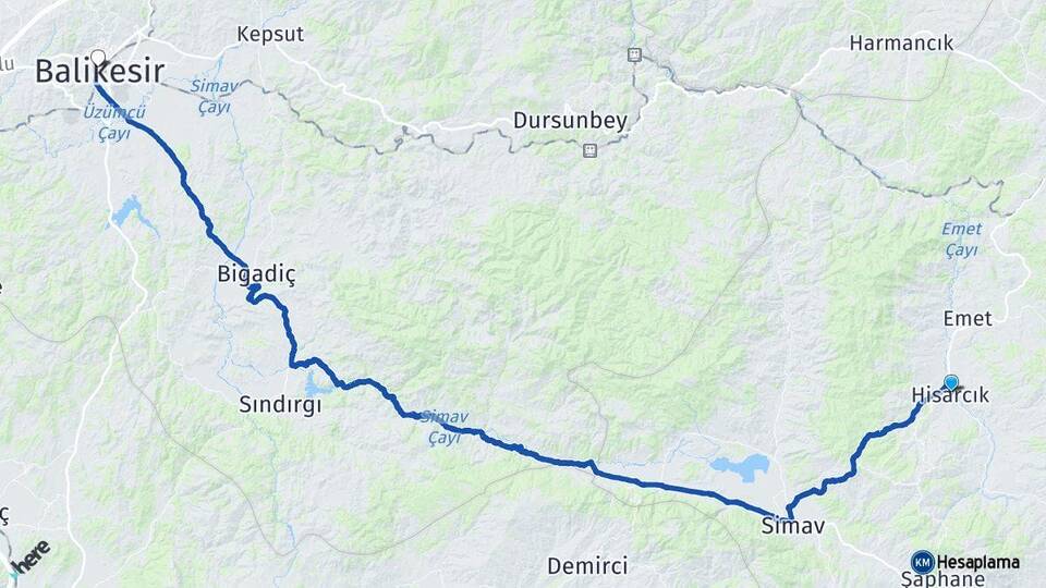 Kütahya Hisarcık Balıkesir Arası Kaç Km - Yol Haritası