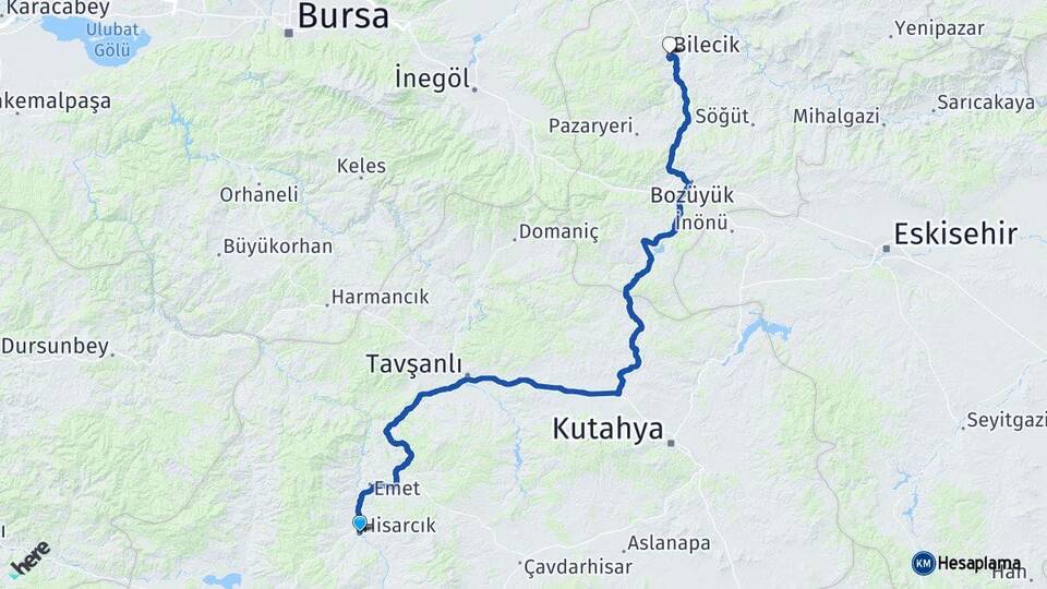 Kütahya Hisarcık Bilecik Arası Kaç Km - Yol Haritası