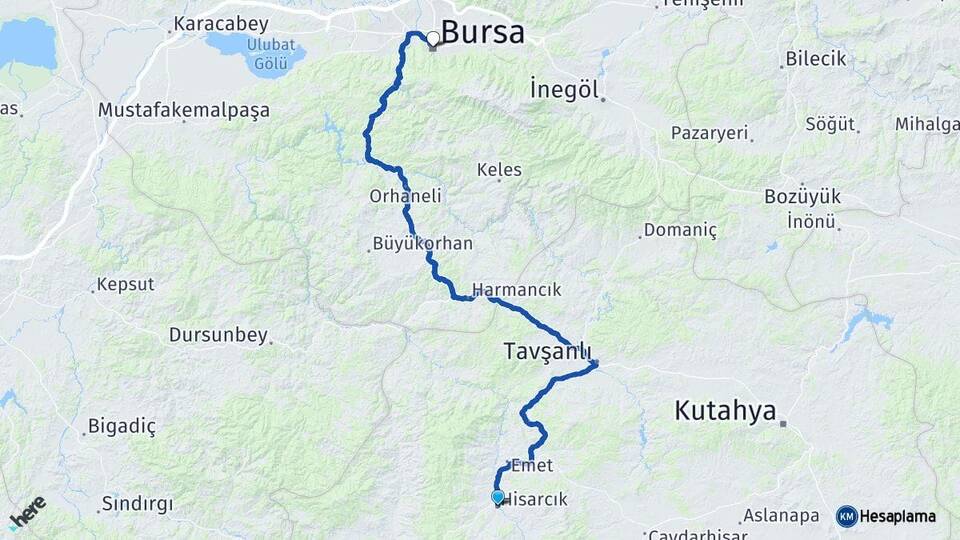 Kütahya Hisarcık Bursa Arası Kaç Km - Yol Haritası