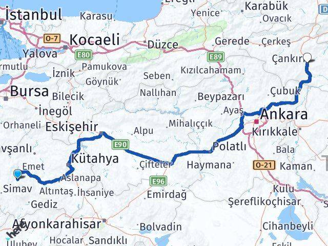 Kütahya Hisarcık Çankırı Arası Kaç Km - Yol Haritası