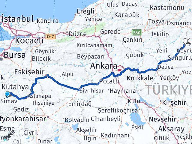 Kütahya Hisarcık Çorum Arası Kaç Km - Yol Haritası