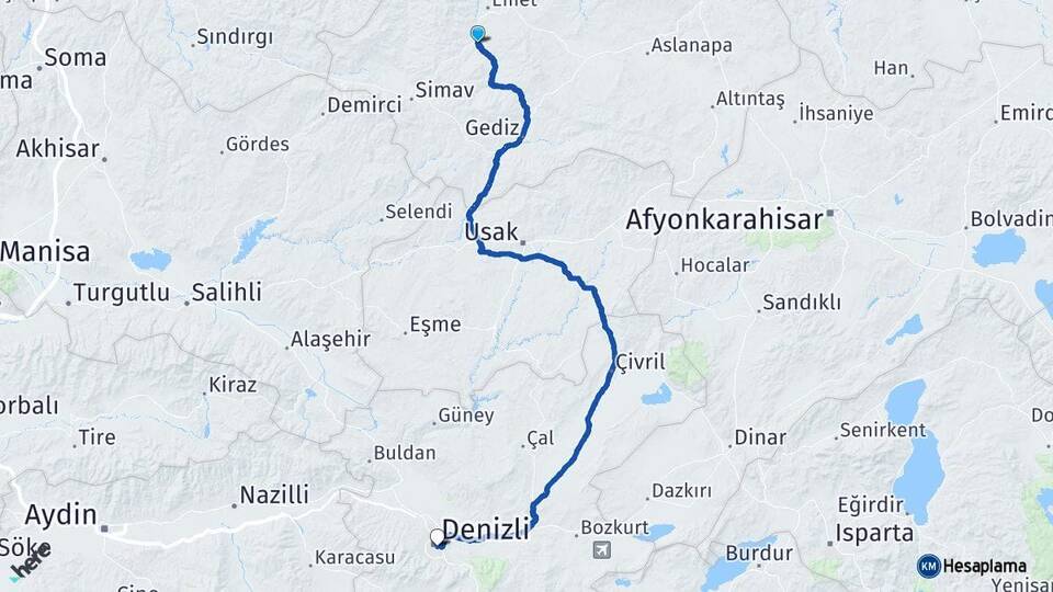 Kütahya Hisarcık Denizli Arası Kaç Km - Yol Haritası