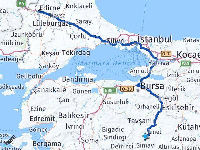 Kütahya Hisarcık Edirne Arası Kaç Km - Yol Haritası