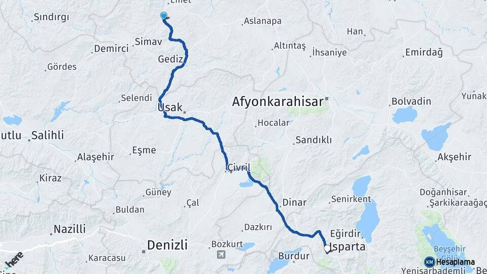 Kütahya Hisarcık Isparta Arası Kaç Km - Yol Haritası