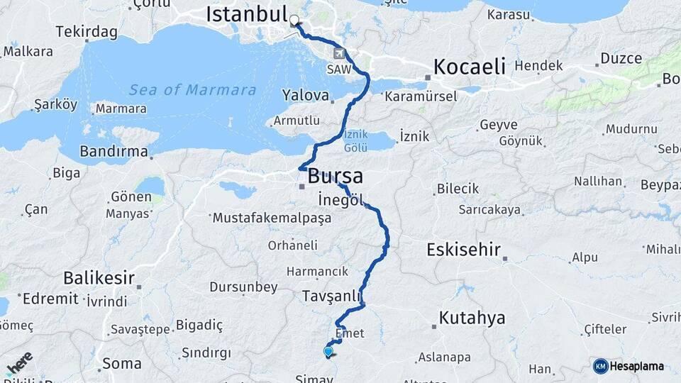Kütahya Hisarcık İstanbul Arası Kaç Km - Yol Haritası