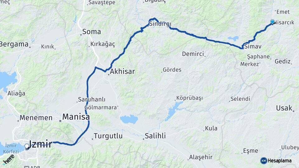 Kütahya Hisarcık İzmir Arası Kaç Km - Yol Haritası