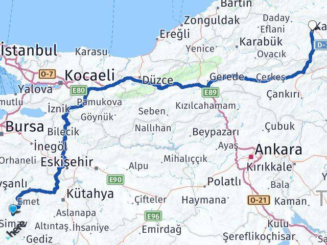 Kütahya Hisarcık Kastamonu Arası Kaç Km - Yol Haritası