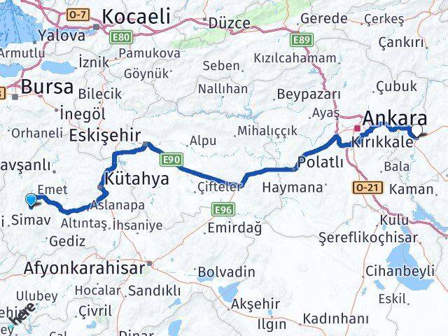 Kütahya Hisarcık Kırıkkale Arası Kaç Km - Yol Haritası