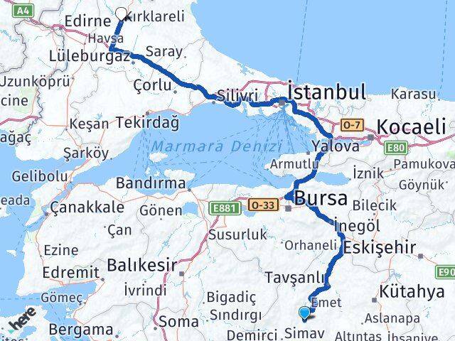 Kütahya Hisarcık Kırklareli Arası Kaç Km - Yol Haritası