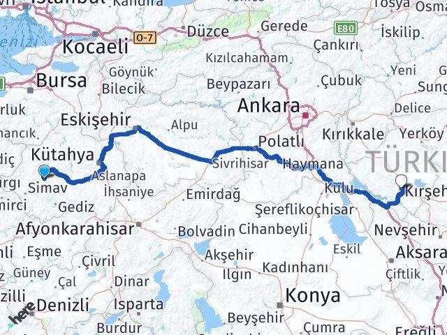 Kütahya Hisarcık Kırşehir Arası Kaç Km - Yol Haritası