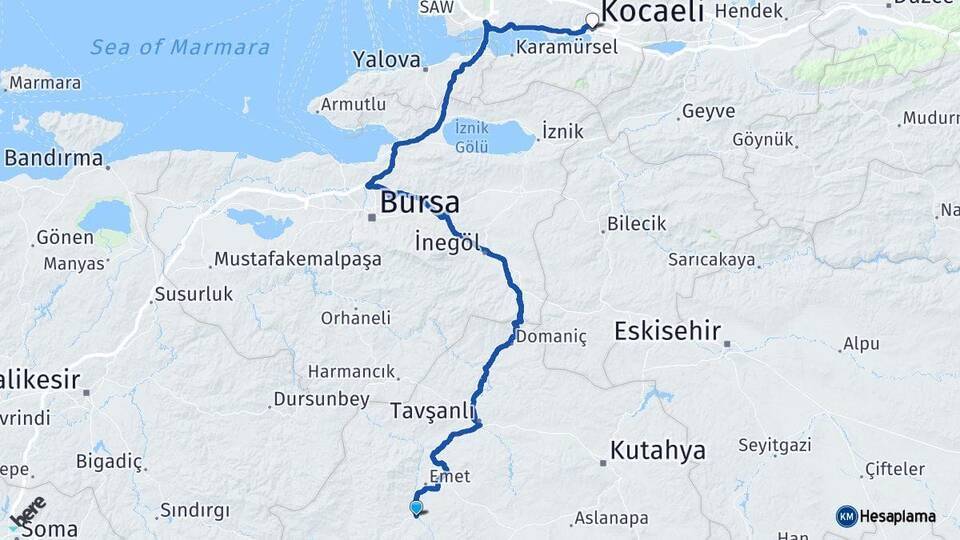 Kütahya Hisarcık Kocaeli Arası Kaç Km - Yol Haritası