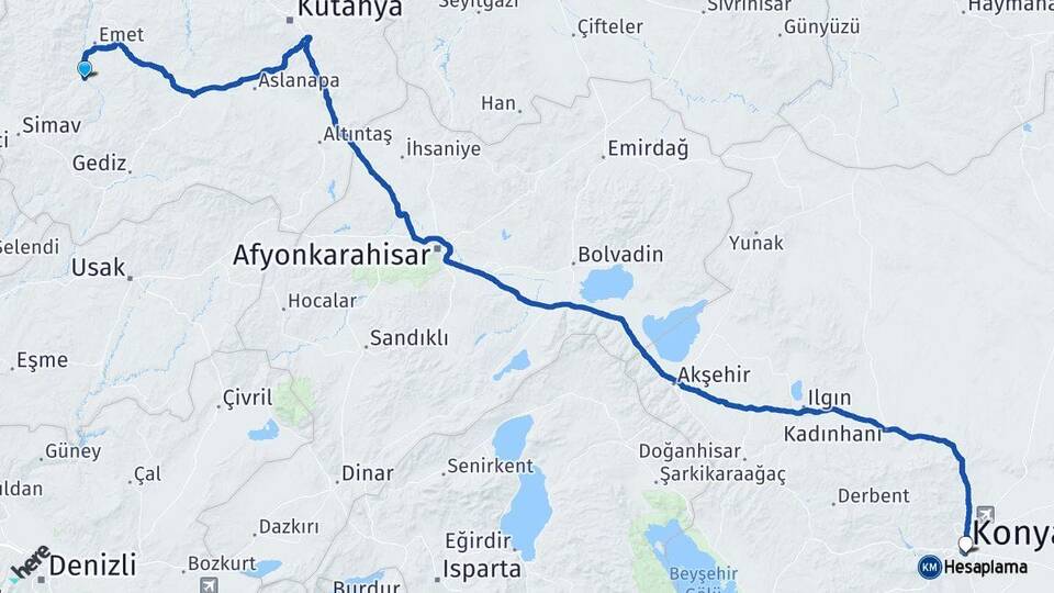 Kütahya Hisarcık Konya Arası Kaç Km - Yol Haritası