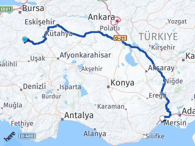 Kütahya Hisarcık Mersin Arası Kaç Km - Yol Haritası