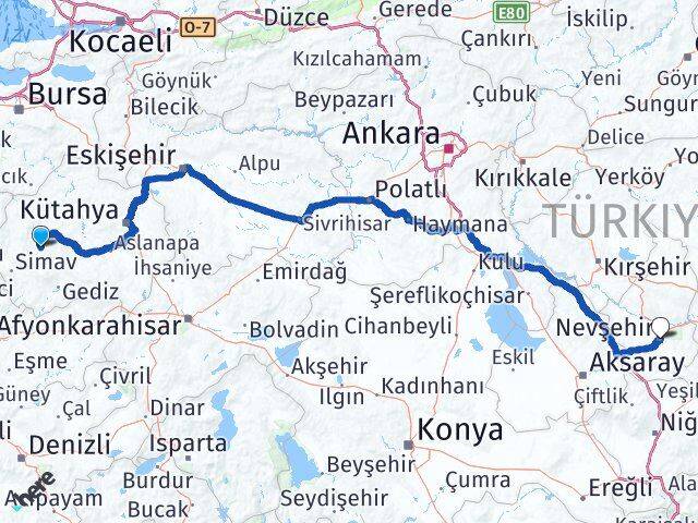 Kütahya Hisarcık Nevşehir Arası Kaç Km - Yol Haritası