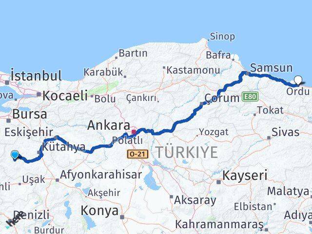 Kütahya Hisarcık Ordu Arası Kaç Km - Yol Haritası