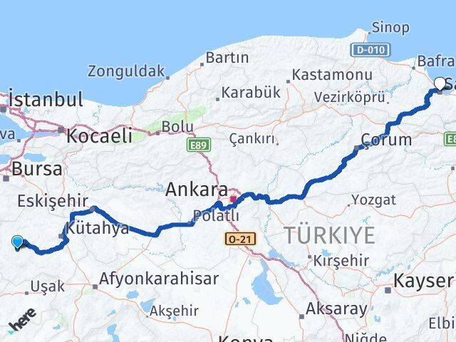 Kütahya Hisarcık Samsun Arası Kaç Km - Yol Haritası