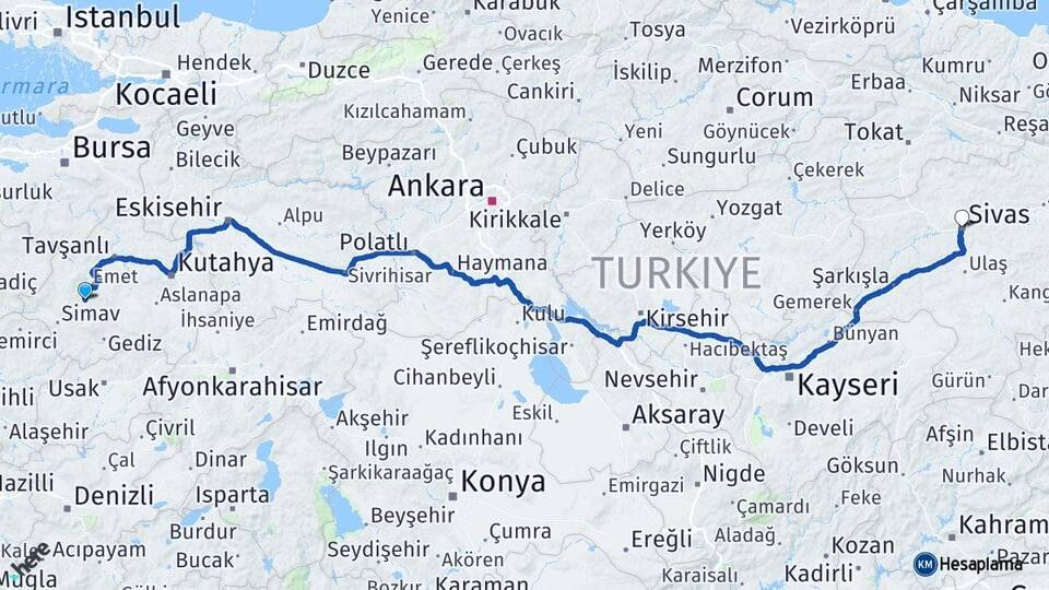Kütahya Hisarcık Sivas Arası Kaç Km - Yol Haritası