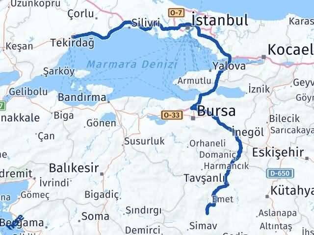 Kütahya Hisarcık Tekirdağ Arası Kaç Km - Yol Haritası