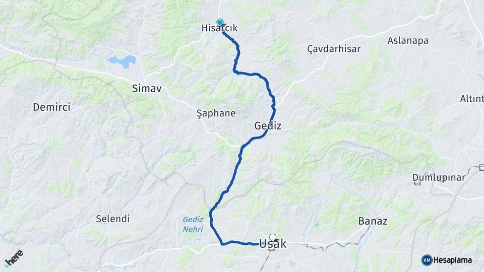 Kütahya Hisarcık Uşak Arası Kaç Km - Yol Haritası