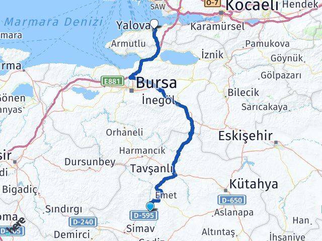 Kütahya Hisarcık Yalova Arası Kaç Km - Yol Haritası