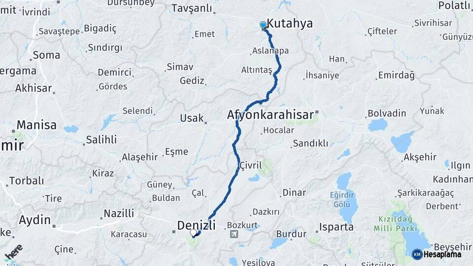 Kütahya Honaz Denizli Arası Kaç Km - Yol Haritası