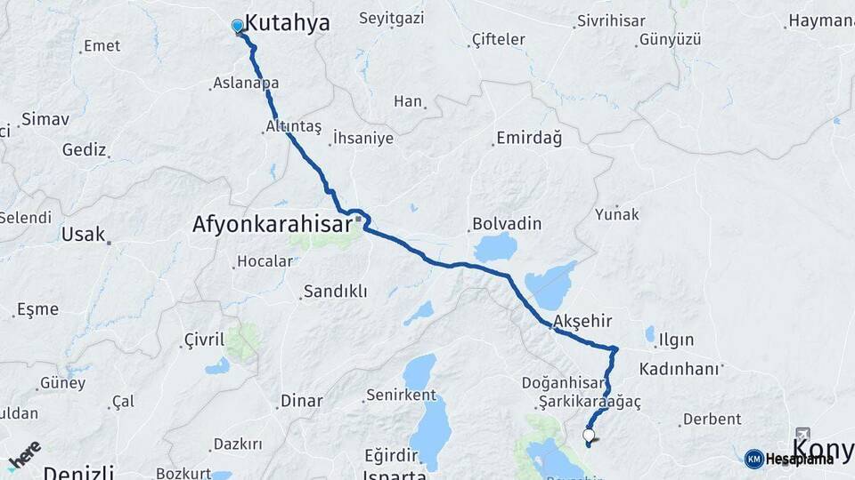 Kütahya Hüyük Konya Arası Kaç Km - Yol Haritası