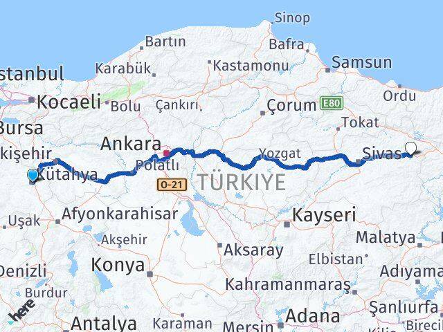 Kütahya İmranlı Sivas Arası Kaç Km - Yol Haritası