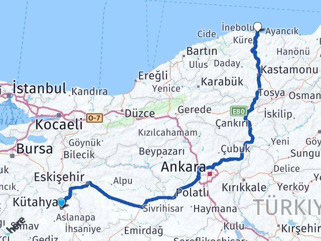 Kütahya İnebolu Kastamonu Arası Kaç Km - Yol Haritası